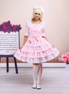 Guarnição de doce Lolita Rosa OP vestido mangas médio com laço