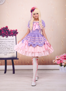 Doce Lolita rosa roxo OP vestido mangas curtas camadas arcos e Trim