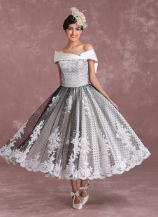 Black Wedding Dresses Vintage Short Bridal Gown Lace Off The Shoulder Polka Dot Print Bridal Dress With Bow At Back