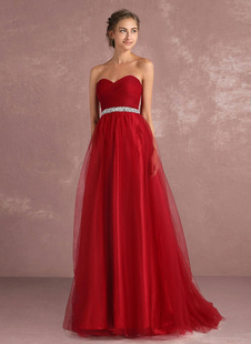 Red Prom Dresses 2022 Long Strapless Backless Tulle Evening Dress Sweetheart Sleeveless Rhinestones Sash A Line Party Dress With Train Wedding Guest Dress