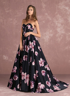 Floral Pageant Dress Black Sweetheart Strapless Long Evening Dress 2022 Boned Printed Chapel Train Occasion Dress