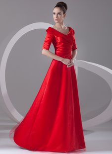 Abendkleider V-Ausschnitt Hochzeit Prom- Ballkleider Satingewebe Formelle Kleider 1/2 Ärmel mit Reißverschluss Rot bodenlang natürliche Taillenlinie