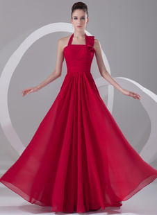Abendkleider mit Halter Hochzeit A-Linie- Ballkleider Chiffon Formelle Kleider ärmellos und Reißverschluss Rot bodenlang natürliche Taillenlinie