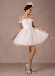 Short Wedding Dress 2022 Lace Off-The-Shoulder Mini A-Line Vintage Bridal Dress