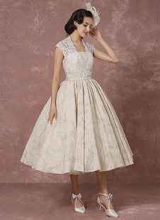 Short Wedding Dress Lace Champagne Vintage Beading Backless Tea-Length Bridal Gown With Sash