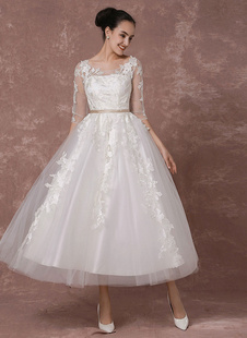 Summer Wedding Dresses 2022 Vintage Short Bridal Gown Tulle Lace Applique Half Sleeves Tea-length A-line Reception Bridal Dress Milanoo