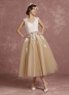 Vestido de noiva vintage  curto laço champanhe Applique frisado faixa de fechadura linha rainha Anne garganta  Milanoo