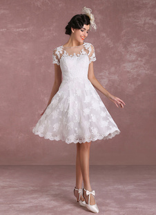 Vintage Wedding Dresses 2022 Short Lace Applique Bridal Gown Short Sleeve Illusion Bridal Dress Milanoo