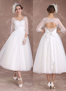 Vestido de Noiva vintage Botões funcionais de Vestido de Casamento com mangas de 3/4 em linha-A cauda até aos gémeos 