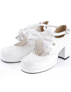 Sapatos de Saltos robustos branco doce Lolita sapatos pônei saltos tornozelo cinta arco Decor redondo do dedo do pé