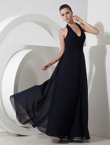 Elegant Dark Navy Blue Chiffon Halter Floor Length Evening Dress