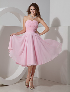 Blush rosa Strapless pregas do Chiffon da dama de honra vestido