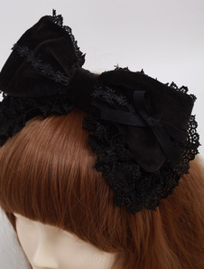 Lolitashow Black Cotton Lolita Headbow Lace Trim Lace Ribbon