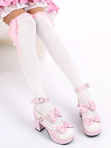 Lolitashow Sweet White Black Cotton Lolita Knee High Socks Lace Trim Bow Decor
