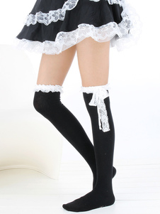 Lolitashow Meias Bonito arco decorado malha algodão mistura Lolita sobre joelho 