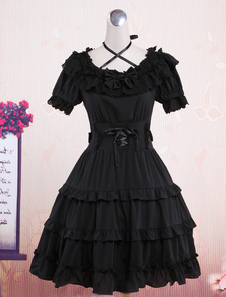 Lolitashow Classic Black Short Sleeves Cotton Cute Lolita One-Piece 
