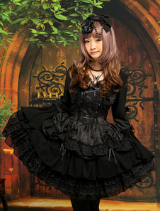 Hübsches Lolita Kleid mit viereckigem Ausschnitt und langen Ärmeln gotisch und Durchziehband in Schwarz Lolita Rock 2023