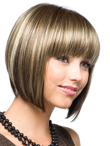 Natural Flaxen Heat Resistant Fiber Wigs 2023 Women Short Wig With Bangs
