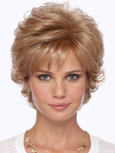 Gold Heat-resistant Fiber Side Parting Beautiful Woman's Short Wig 
