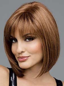Brown Heat-resistant Fiber Centre Parting Beautiful Medium Wig For Women 