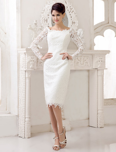 Vestido de noiva marfim curto em renda e manga comprida Milanoo