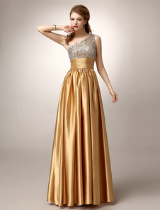 Vestido de um ombro-ouro baile de cetim plissado