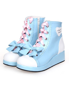 Sweet Lolita Shoes Blue Wedge Lace Up Bow Zipper Lolita Boots
