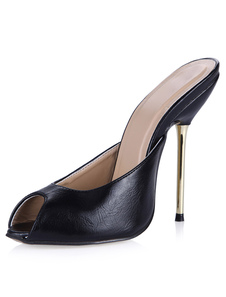 Mules Shoes Peep Toe Heel For Womens Black Leather Heel Shoes