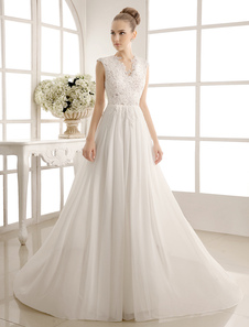 Beach Wedding Dress Chiffon V Neckline Pearls Beaded Lace Ivory Bridal Gown Free Customization