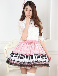Vestido de Doce-de-rosa Piano Lolita impressão saia Lace Trim