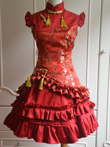 Lolitashow Vestido de Clássico vermelho cetim Qi Lolita vestido Sleevesless Plum Blossom impressão babados