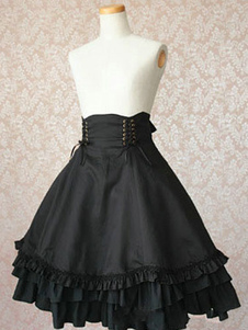 Gothic Lolita Vestido SK Preto Ruffles Algodão De Cintura Alta Lolita Saias