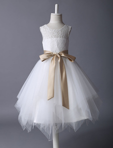 Robe de fille de fleur ivoire en tulle col rond décoré de noeud jupe plissée robe cortège enfant robe cérémonie fille