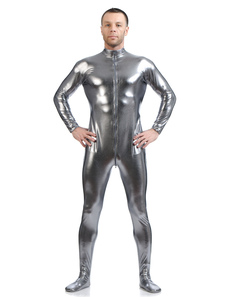 Gray Adults Bodysuit Cosplay Jumpsuit Shiny Metallic Catsuit for Men