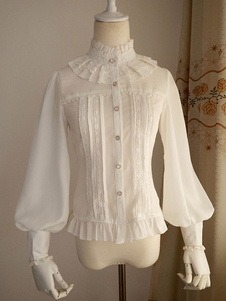 White Chiffon Lolita Blouse Long Gigot Sleeves Ruffles Stand Collar