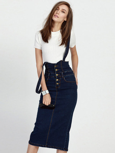 Liga del dril de algodón Falda azul marino botones bolsillos falda para las mujeres