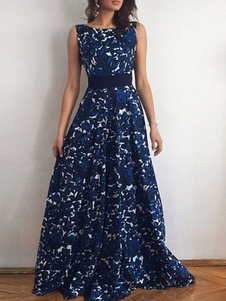 Vestido largo azul  Moda Mujer con lazo de chifón Vestidos muy escotado por detrás Verano para uso al aire libre