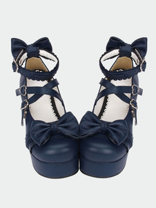 Marineblaue Lolita klobige Pony Heels Schuhe Plattform Knöchel Riemen Bögen Herz Form Schnallen