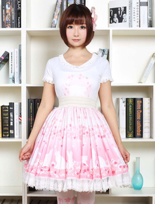 Süße Lolita Kleid Rosa Sakura Kitty gedruckten Lolita Rock mit weißer Spitze trimmen raffen 