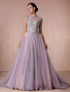 Robe de mariée colorée col montant sans manche laçage sur dos à traîne Robe de mariage