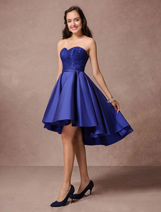 vestidos de gala azul brillante con escote palabra de honor sin mangas de encaje 