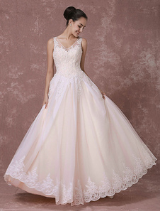 Champagne Lace Wedding Dress Backless Floor-Length A-Line Beading Luxury Bridal Dress Free Customization