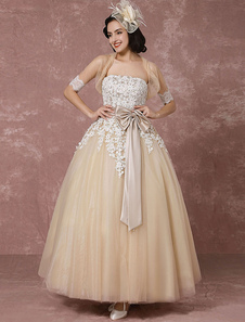 Vestido de noiva Laço de tule champanhe com um encolher de ombros cabo bola Strapless querida fita arco Sash tornozelo Milanoo