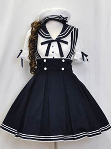 Sailor Lolita Outfits tiefblaues Kurzarmhemd mit plissiertem Pulloverrock