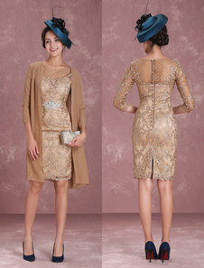 Robe de mère de mariée robe de cocktail de mariage champagne col rond zip sur dos au genou