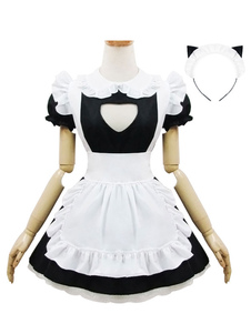 Maid Lolita Outfits Schwarz Puff Ärmel Peter Pan Kragen Zweifarbig OP Einteiler Kleid mit Rüschen Schürze und Kopfschmuck