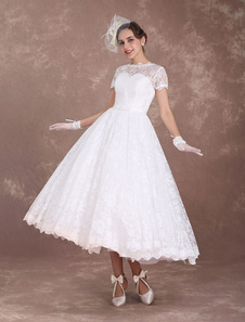 Lace Wedding Dresses Short Sleeve 1950'S Vintage Bridal Illusion Ivory A Line Tea Length Free Customization
