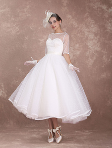 Brautkleider Vintage A-Linie- Elfenbeinfarbe mit Bateau-Kragen Hochzeitskleid Vintage Spitze 1/2 Ärmel wadenlang Hochzeit