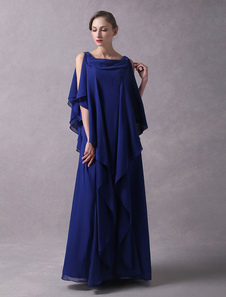 Abito da sera blu reale a terra svasato smanicato con scollo a barchetta di Spalle nude zip perline in chiffon 
