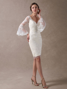 Brautkleider Kurz elfenbeinfarbe Langarm V-Ausschnitt Satingewebe Hochzeitskleid Kurz
